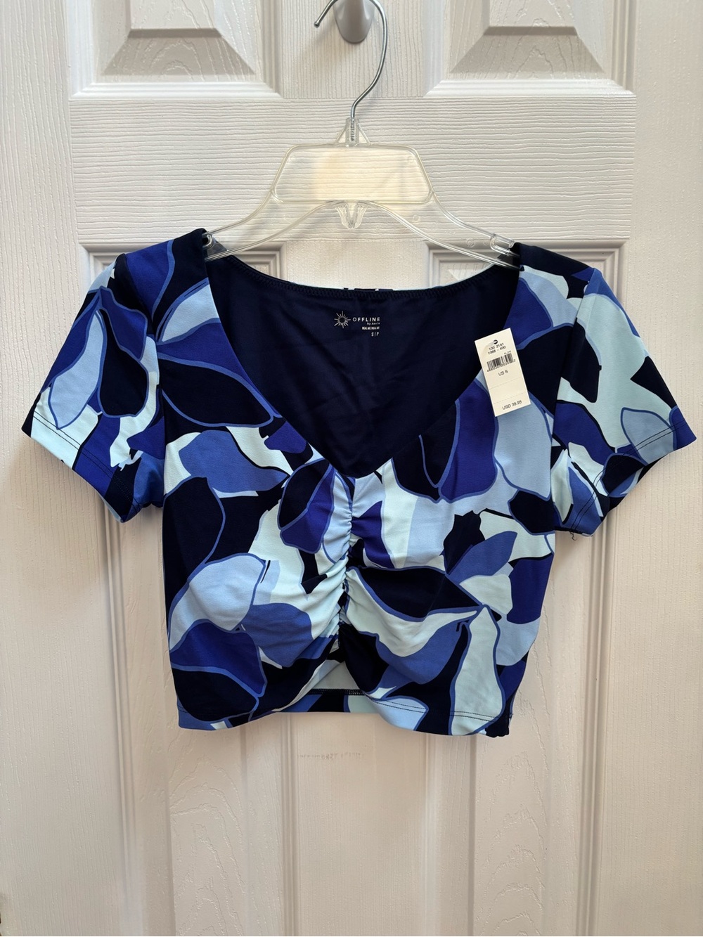 Aerie Offline Real Me Ruched T Shirt Crop Top Geometric w/ Shelf Bra, Size S,NWT